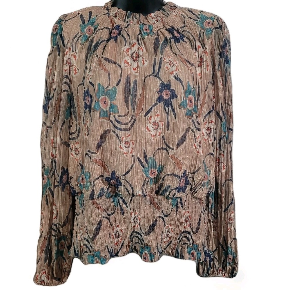 Joie Metallic Floral Blouson Sz L Sheer Layers Pleats Smocked Fall Colors Formal